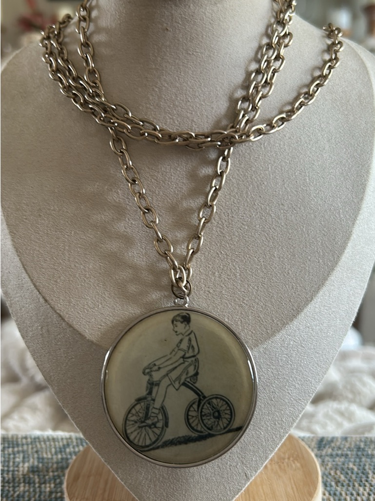 Round Pendant Necklace With Vintage Bicycle Illustration - Silver Tone- 24”Chain